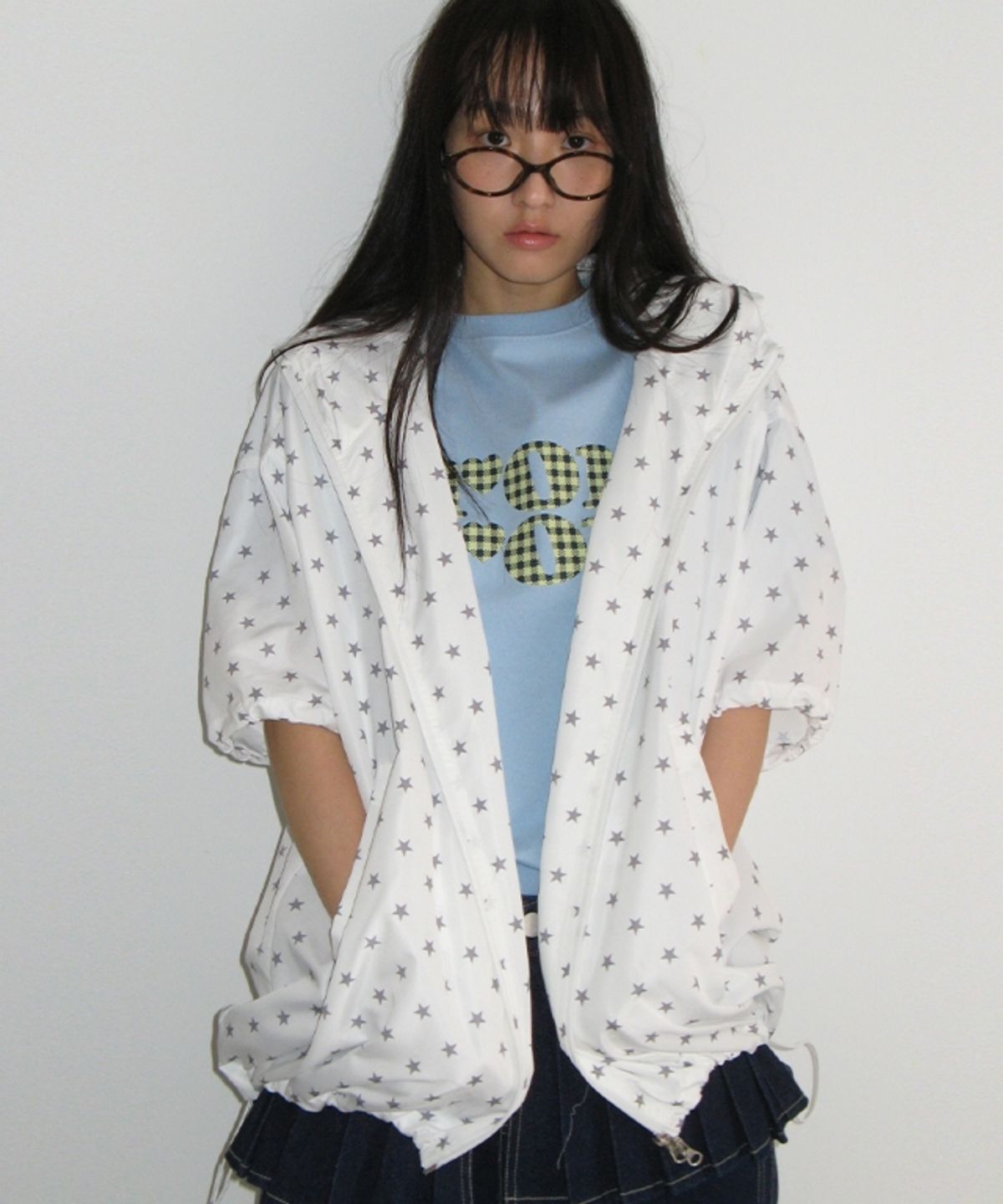 론론(RONRON) HOODED HALF SLEEVE WINDBREAKER WHITE STAR