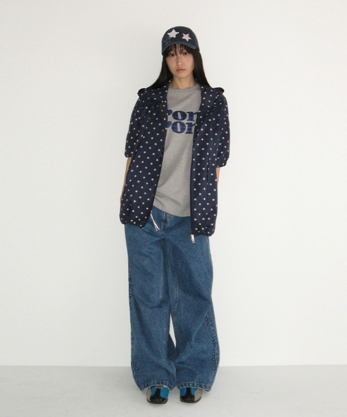 론론(RONRON) HOODED HALF SLEEVE WINDBREAKER NAVY STAR