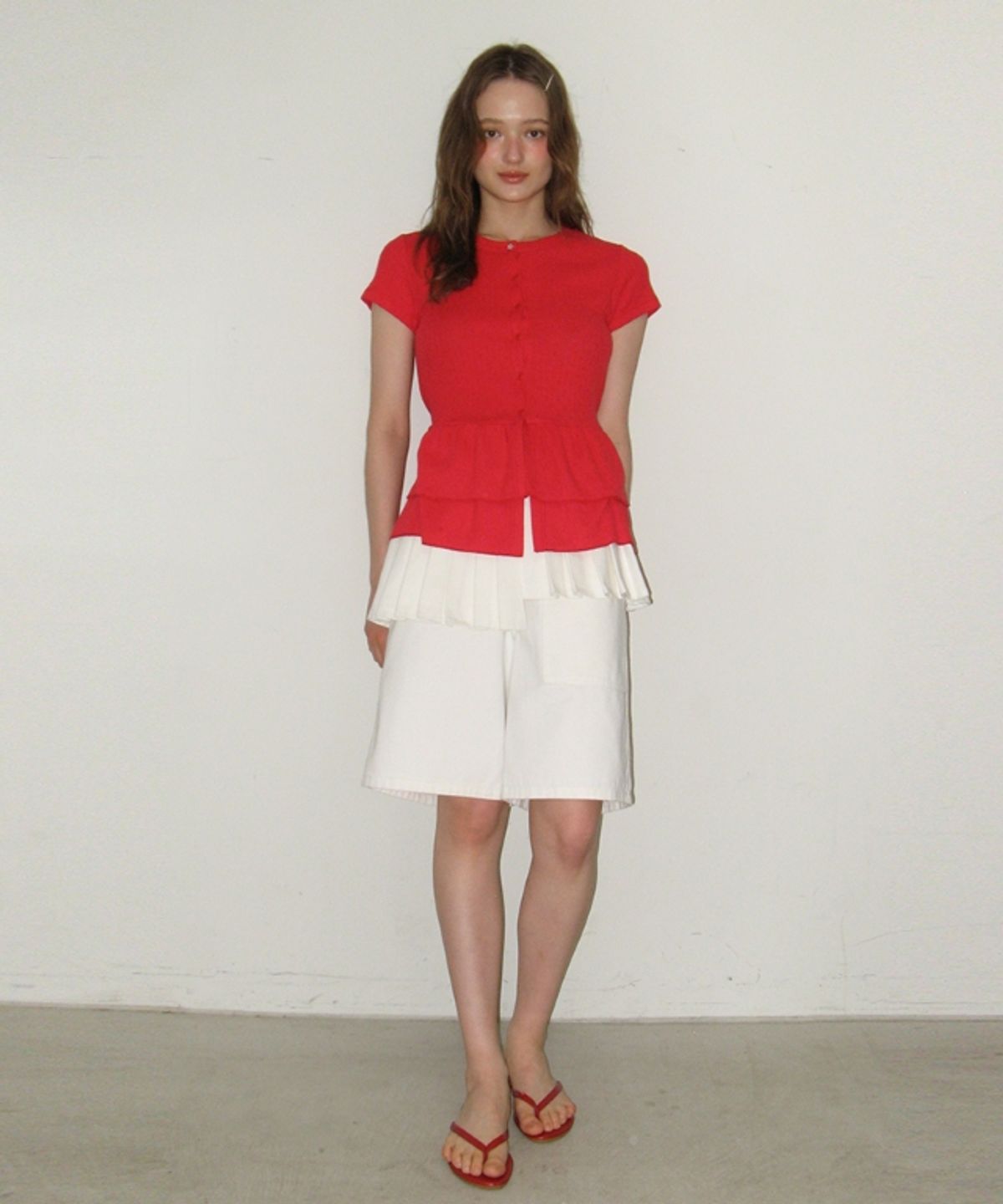 론론(RONRON) SOFT FRILL BUTTON COTTON CARDIGAN RED