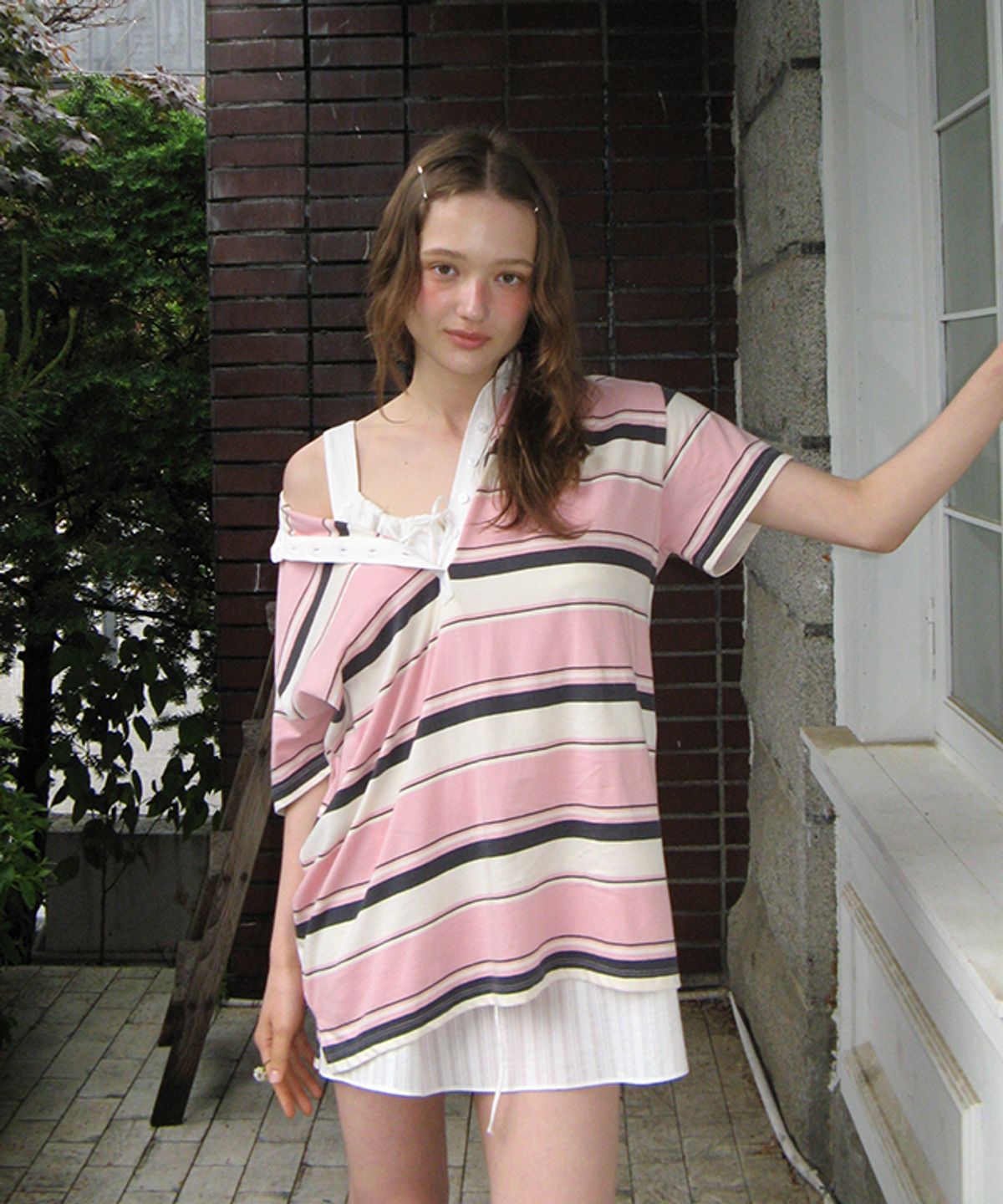 론론(RONRON) MULTI STRIPE RUGBY SHORT SLEEVE T SHIRT PINK