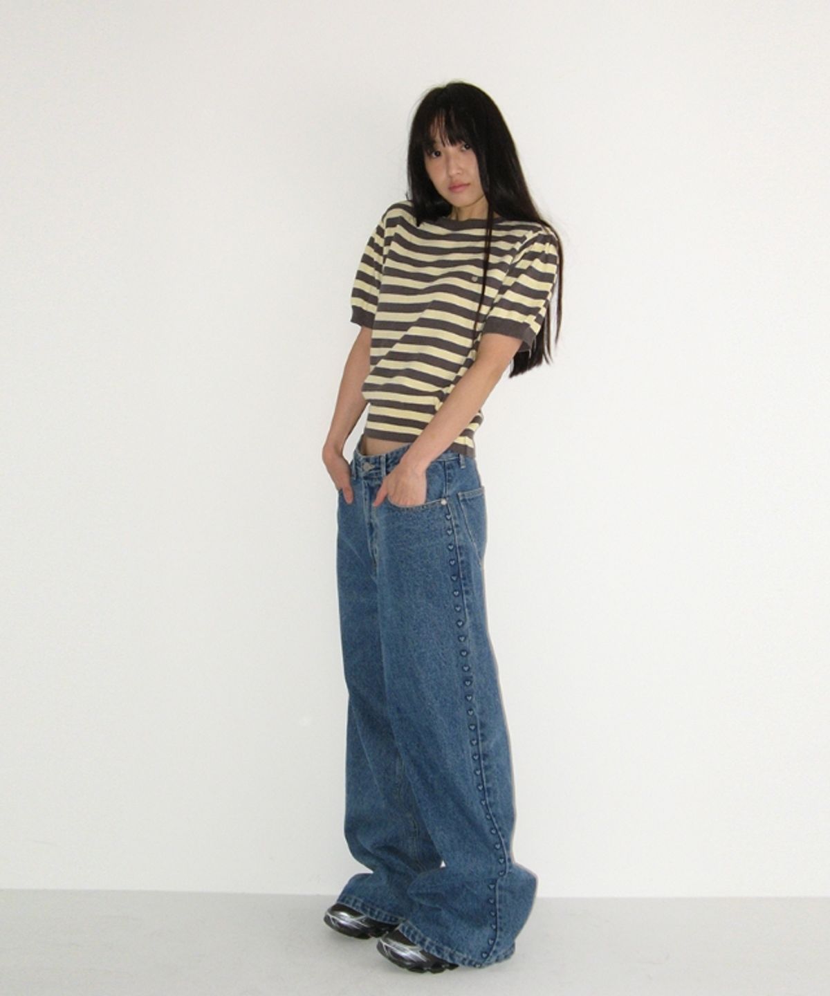 론론(RONRON) STRIPE PUFF KNIT CHARCOAL YELLOW