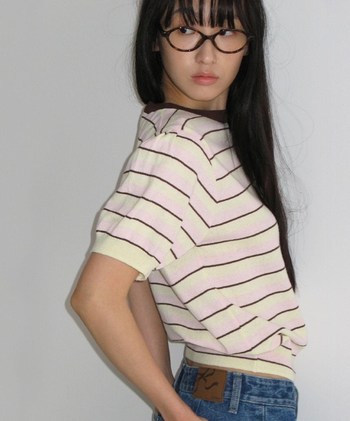 론론(RONRON) STRIPE PUFF KNIT YELLOW BROWN