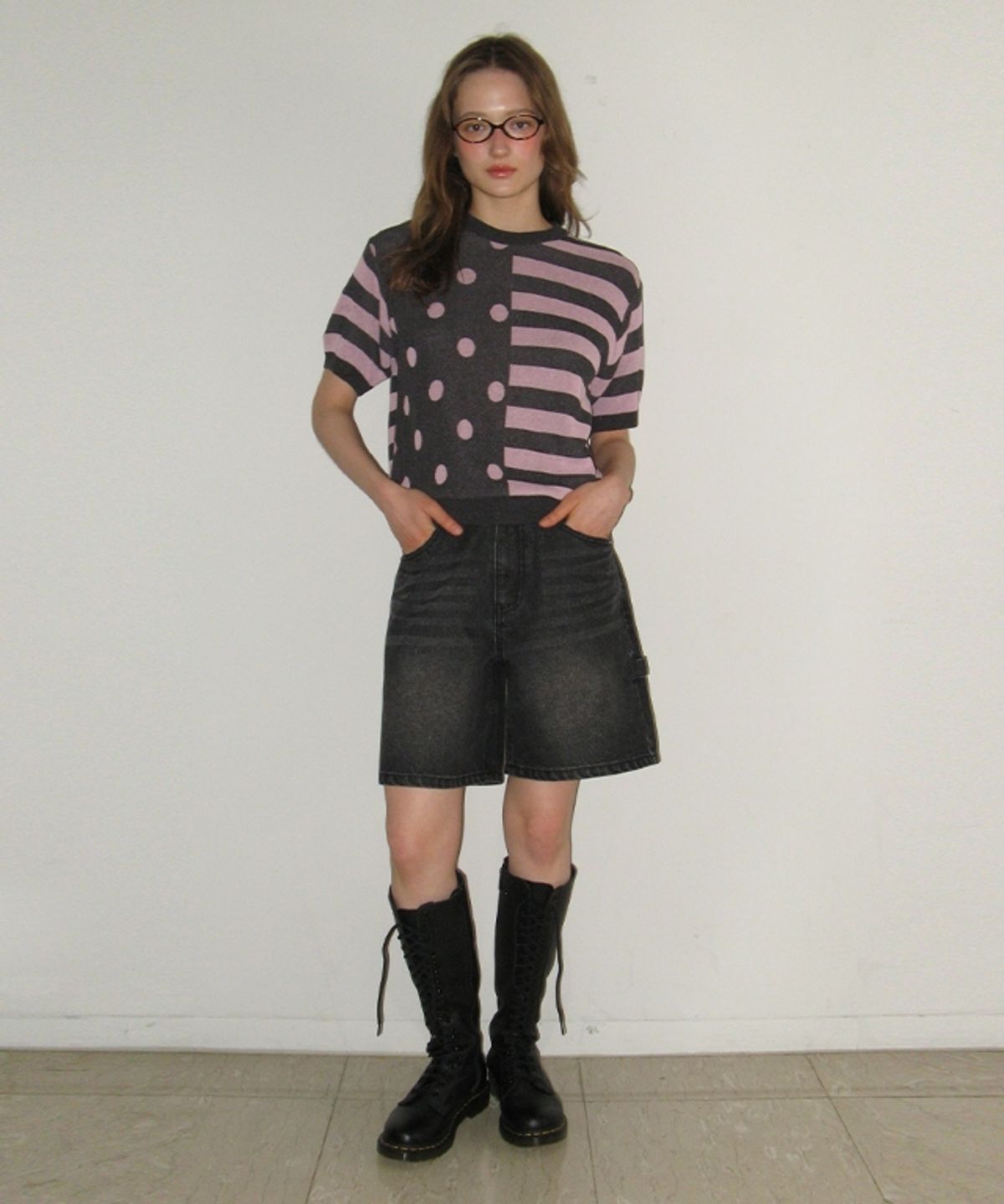 론론(RONRON) DOT STRIPE MIX HALF KNIT CHARCOAL PINK