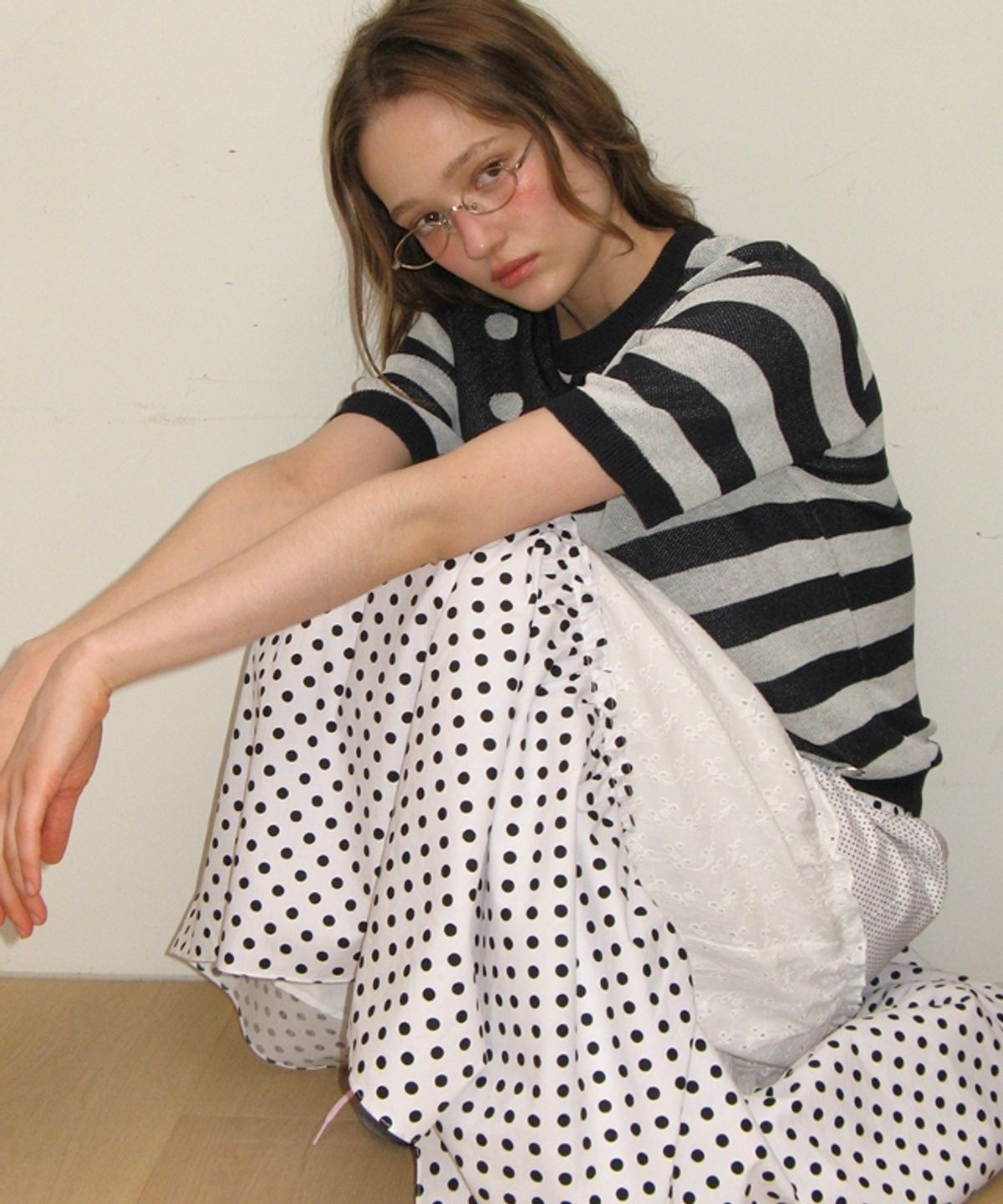 론론(RONRON) DOT STRIPE MIX HALF KNIT NAVY