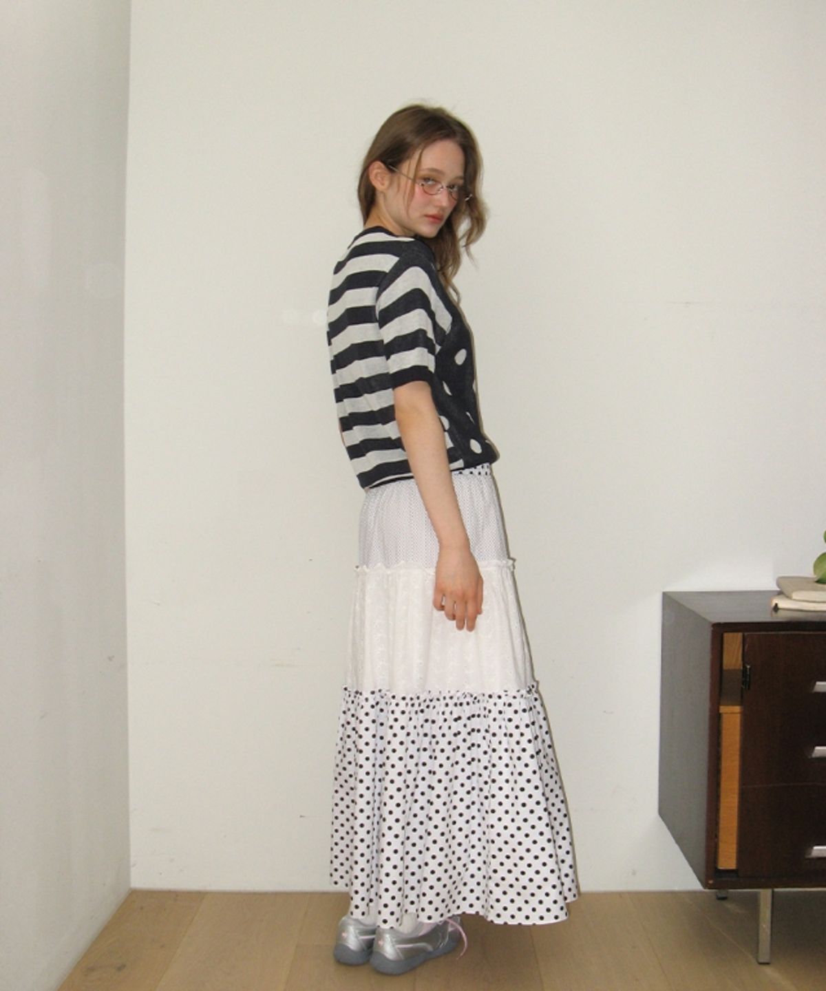 론론(RONRON) DOT STRIPE MIX HALF KNIT NAVY