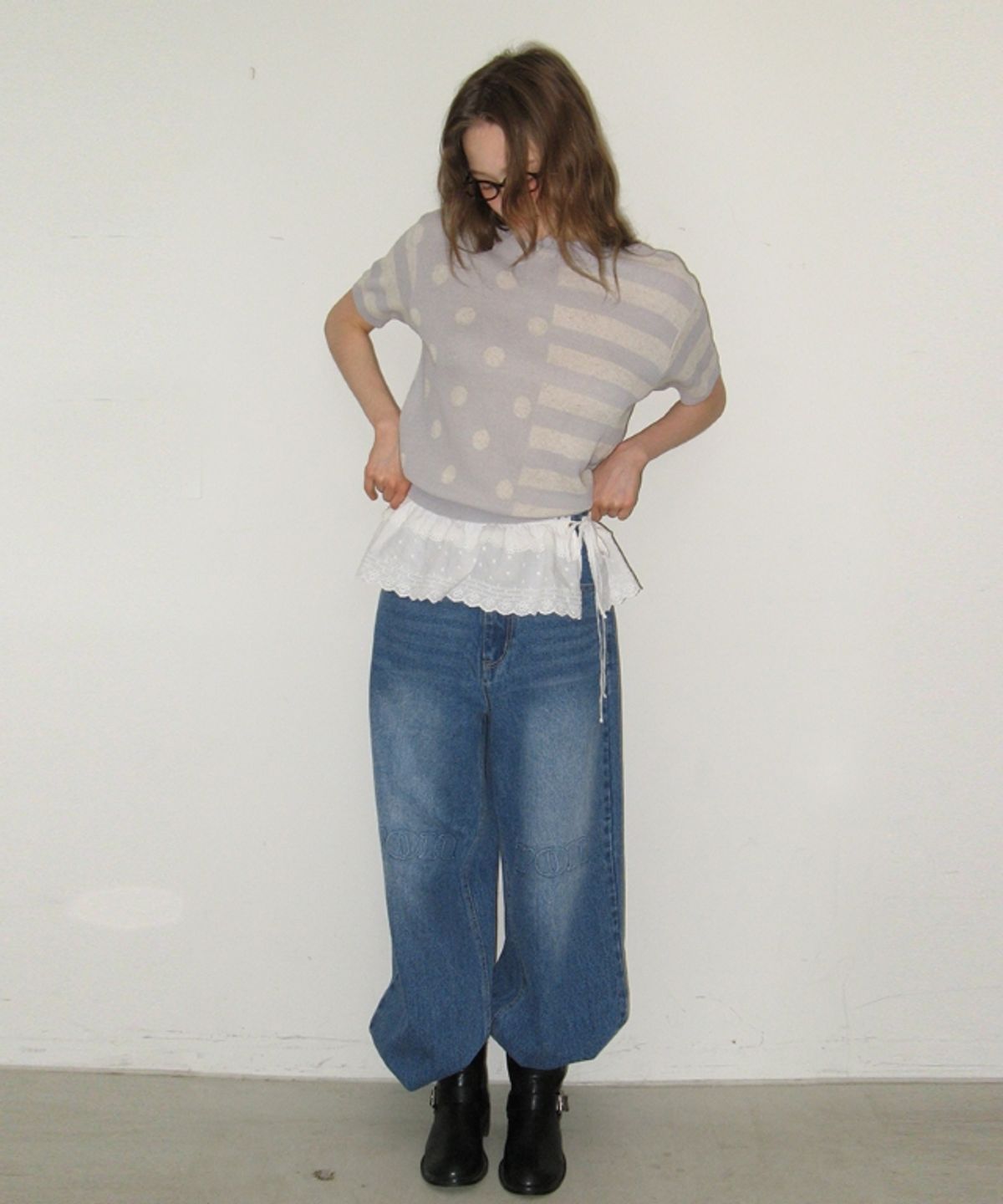 론론(RONRON) DOT STRIPE MIX HALF KNIT LIGHT GREY