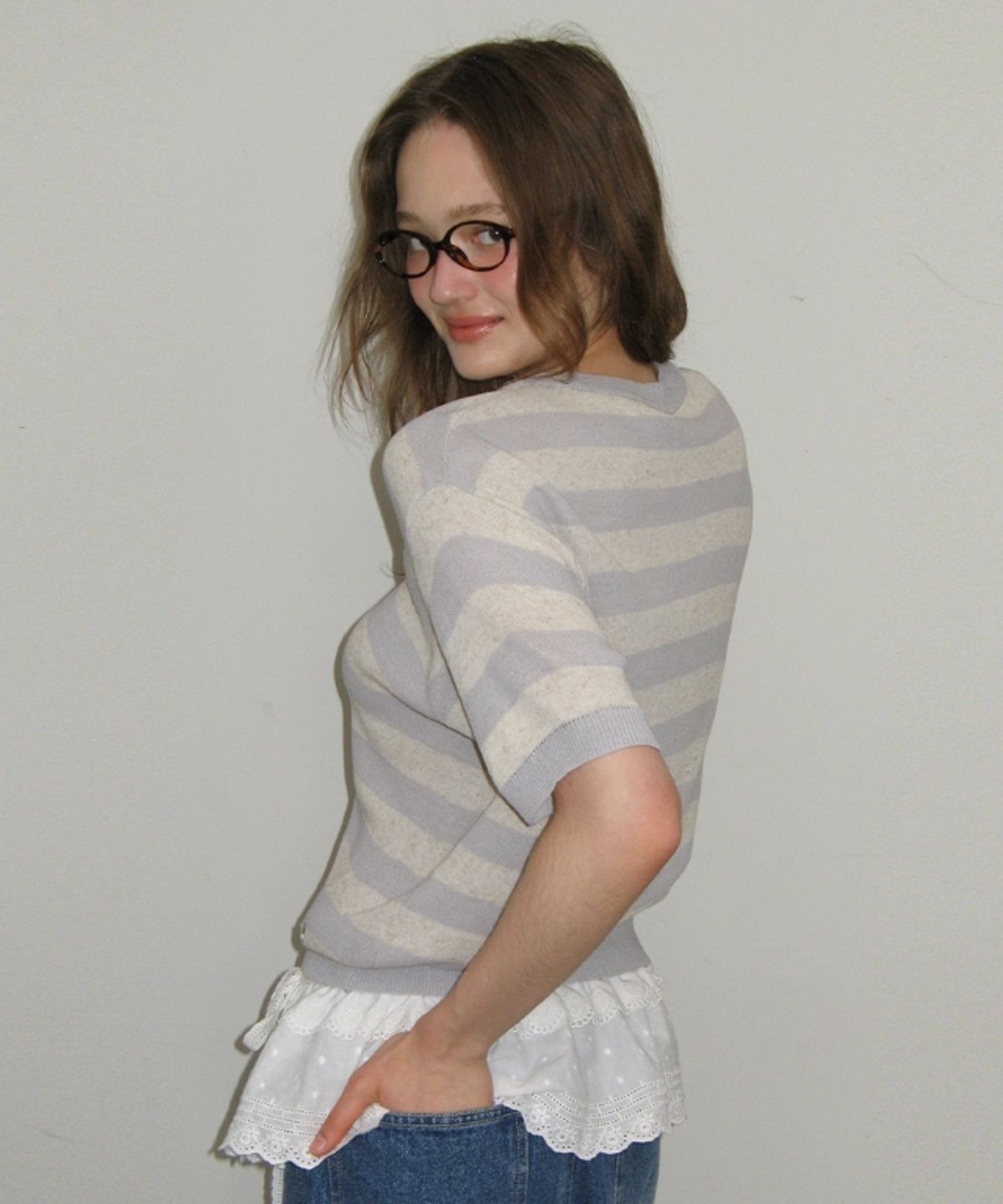 론론(RONRON) DOT STRIPE MIX HALF KNIT LIGHT GREY