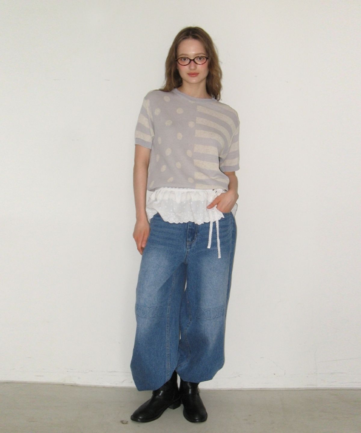 론론(RONRON) DOT STRIPE MIX HALF KNIT LIGHT GREY