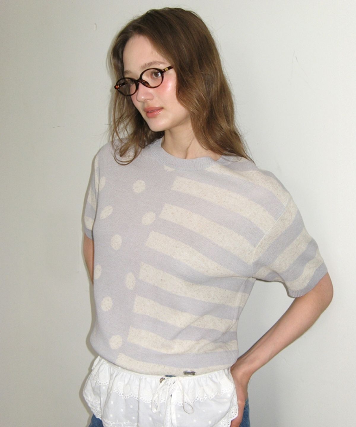론론(RONRON) DOT STRIPE MIX HALF KNIT LIGHT GREY