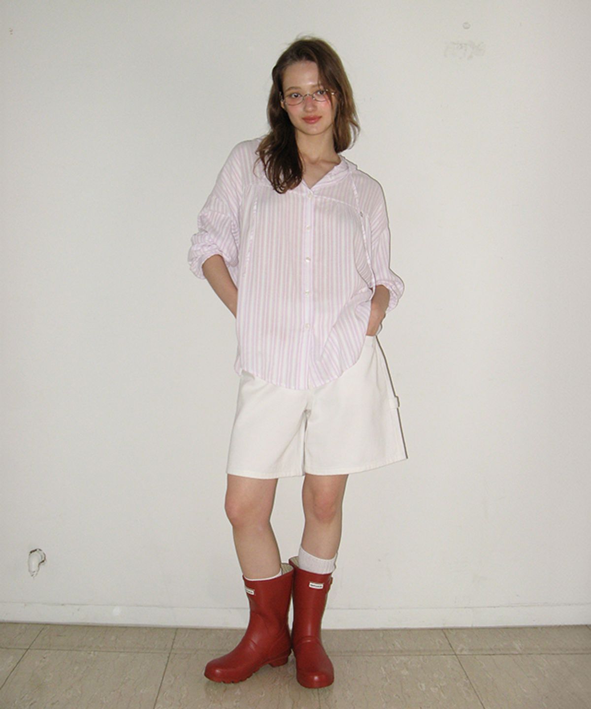 론론(RONRON) SOFT EYELET HOODED LOOSE FIT BLOUSE PINK STRIPE