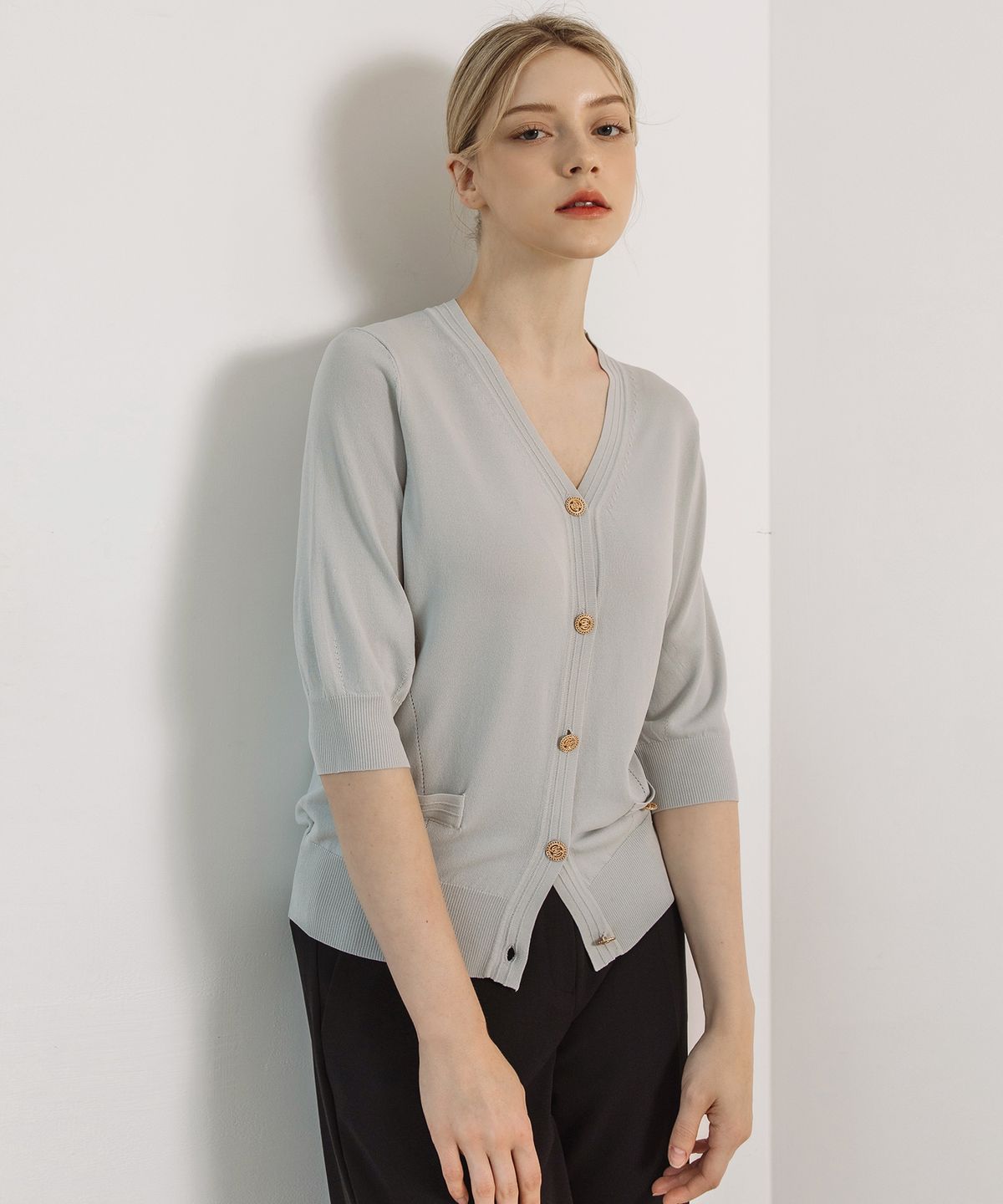 바스카라(VASCARA) Gold button V-neck Half Sleeve Cardigan (7colors)