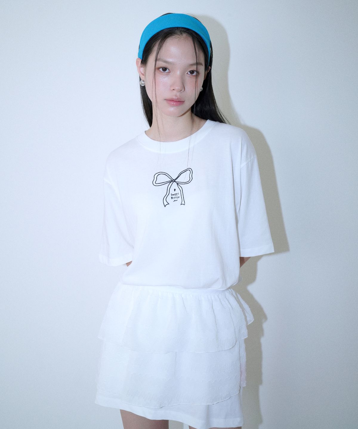 스윗비터(SWEET BITTER) [SET] 리본 티셔츠 & 쉬폰 랩스커트_화이트