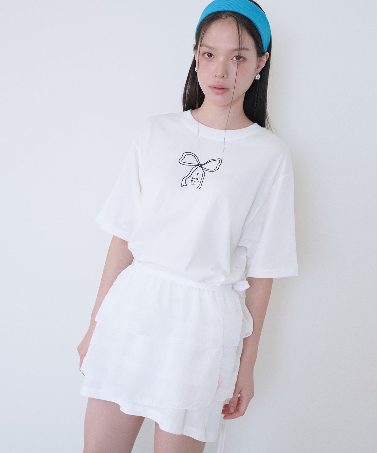 스윗비터(SWEET BITTER) [SET] 리본 티셔츠 & 쉬폰 랩스커트_화이트