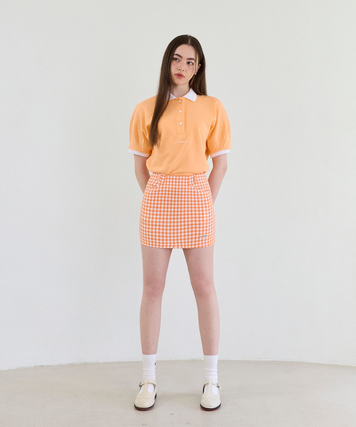 칸디니(KANDINI) 오렌지 체크 미니 스커트