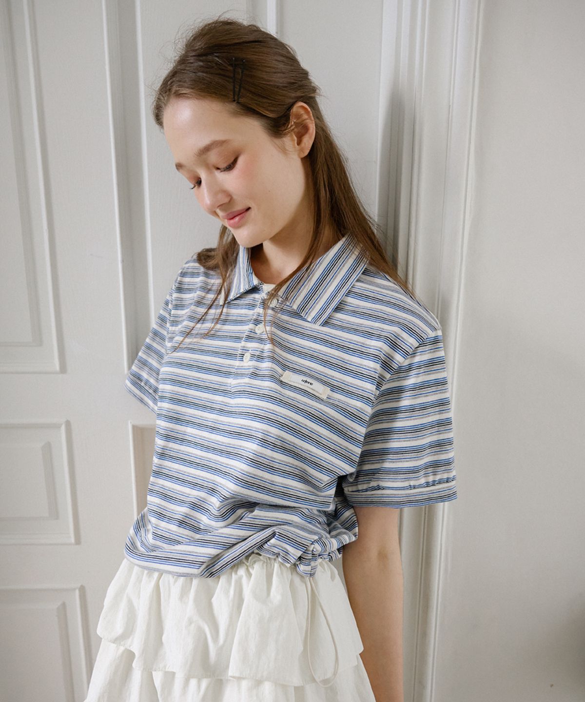 레터리(LETERIE) STRIPE STRING COLLAR HALF T-SHIRT_IVORY