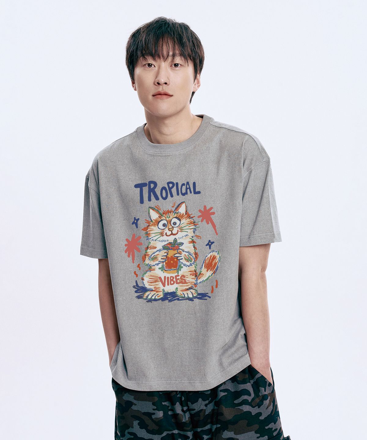 와일드락(WILDROCK) Hollysheesh TROPICAL CAT 피그먼트 오버핏 반팔 티셔츠_6 COL (크롭포함)