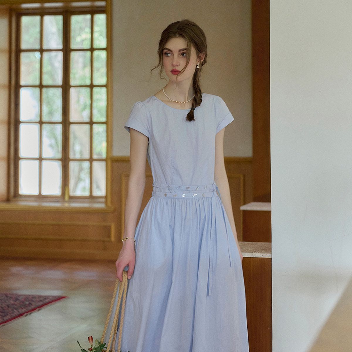 심플레트로(SIMPLE RETRO) SR_Waist tie simple short sleeve dress