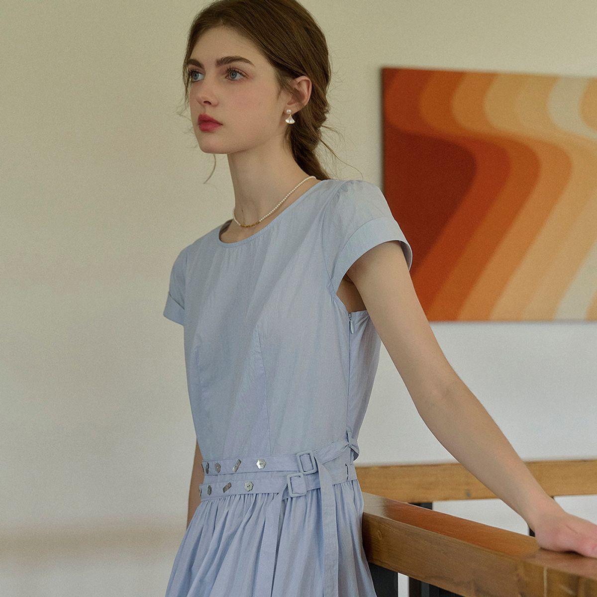 심플레트로(SIMPLE RETRO) SR_Waist tie simple short sleeve dress