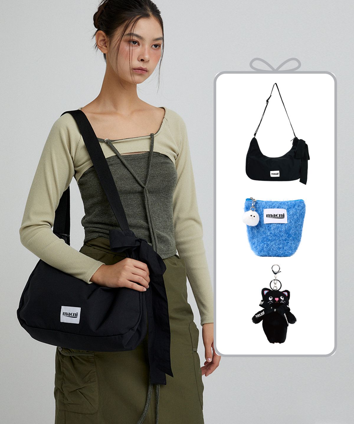 마크니(MACNI) [SET] RIBBON CRESCENT BAG & POODLE POUCH & KEYRING SET