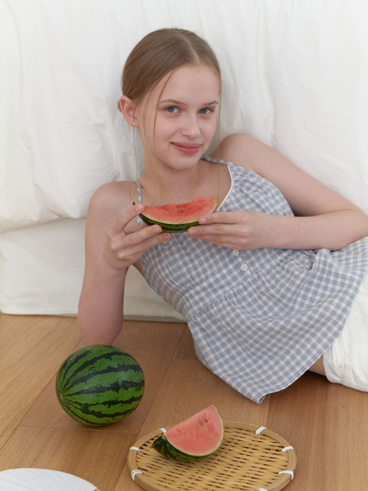 리엘(RE L) Frutti sleeveless blouse (blue check)