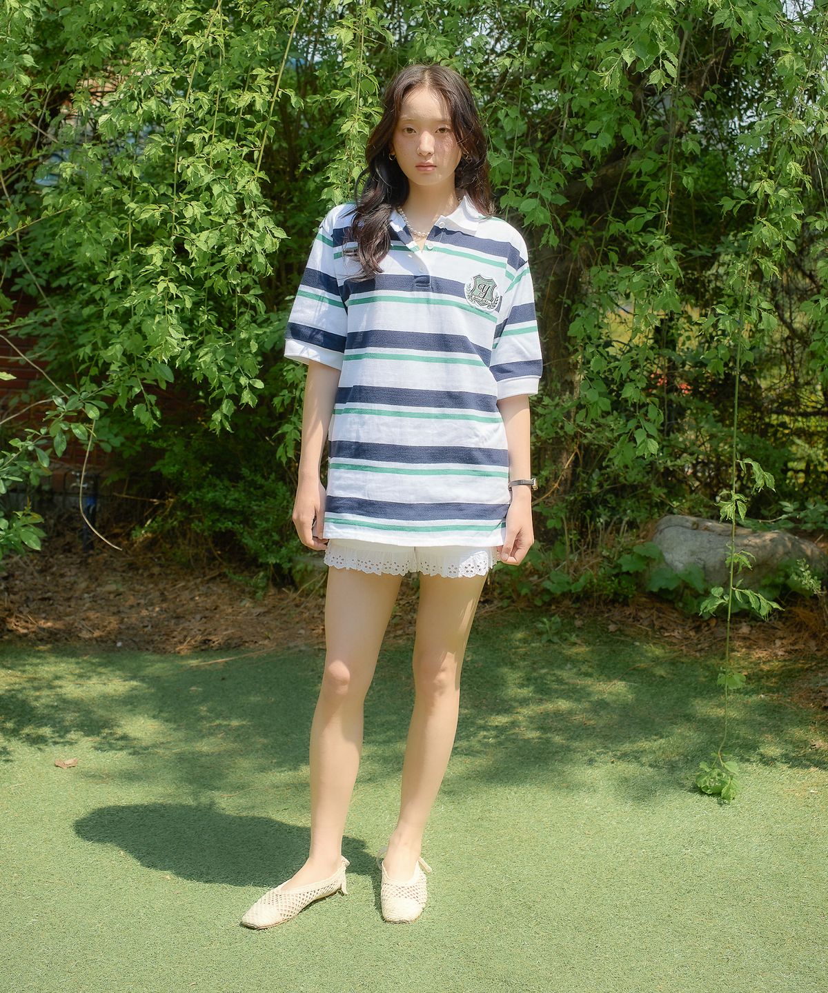 살롱 드 욘(SALON DE YOHN) Loose Fit Pique Shirt_ Green Stripe