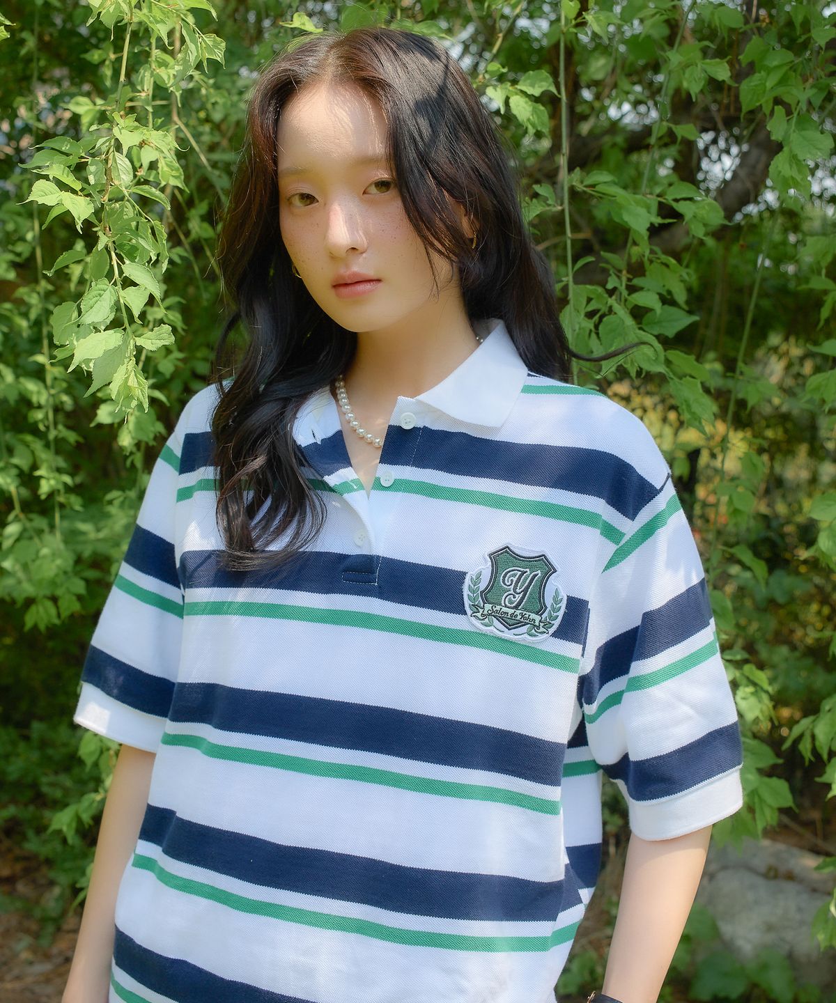 살롱 드 욘(SALON DE YOHN) Loose Fit Pique Shirt_ Green Stripe