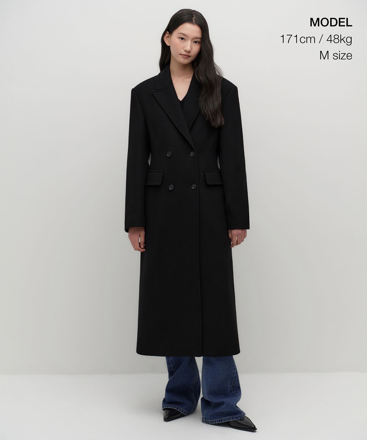 무신사 스탠다드 우먼(MUSINSA STANDARD WOMAN) 우먼즈 캐시미어 블렌드 신치드 더블 롱 코트 [블랙]