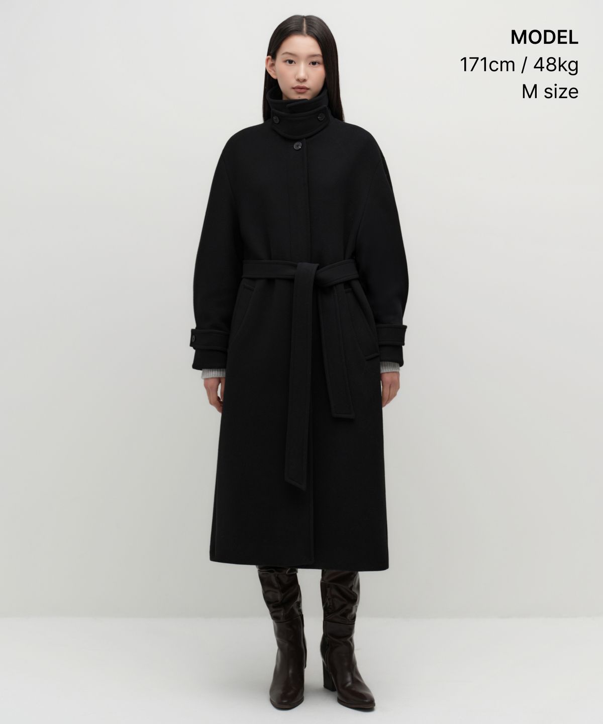 무신사 스탠다드 우먼(MUSINSA STANDARD WOMAN) 우먼즈 울 블렌드 볼륨 슬리브 발마칸 로브 코트 [블랙]
