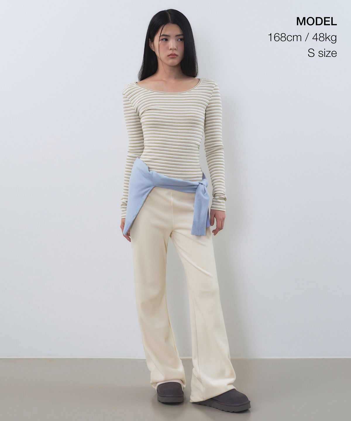 무신사 스탠다드 우먼(MUSINSA STANDARD WOMAN) 우먼즈 스트라이프 리브드 슬림 긴소매 티셔츠 [크림]