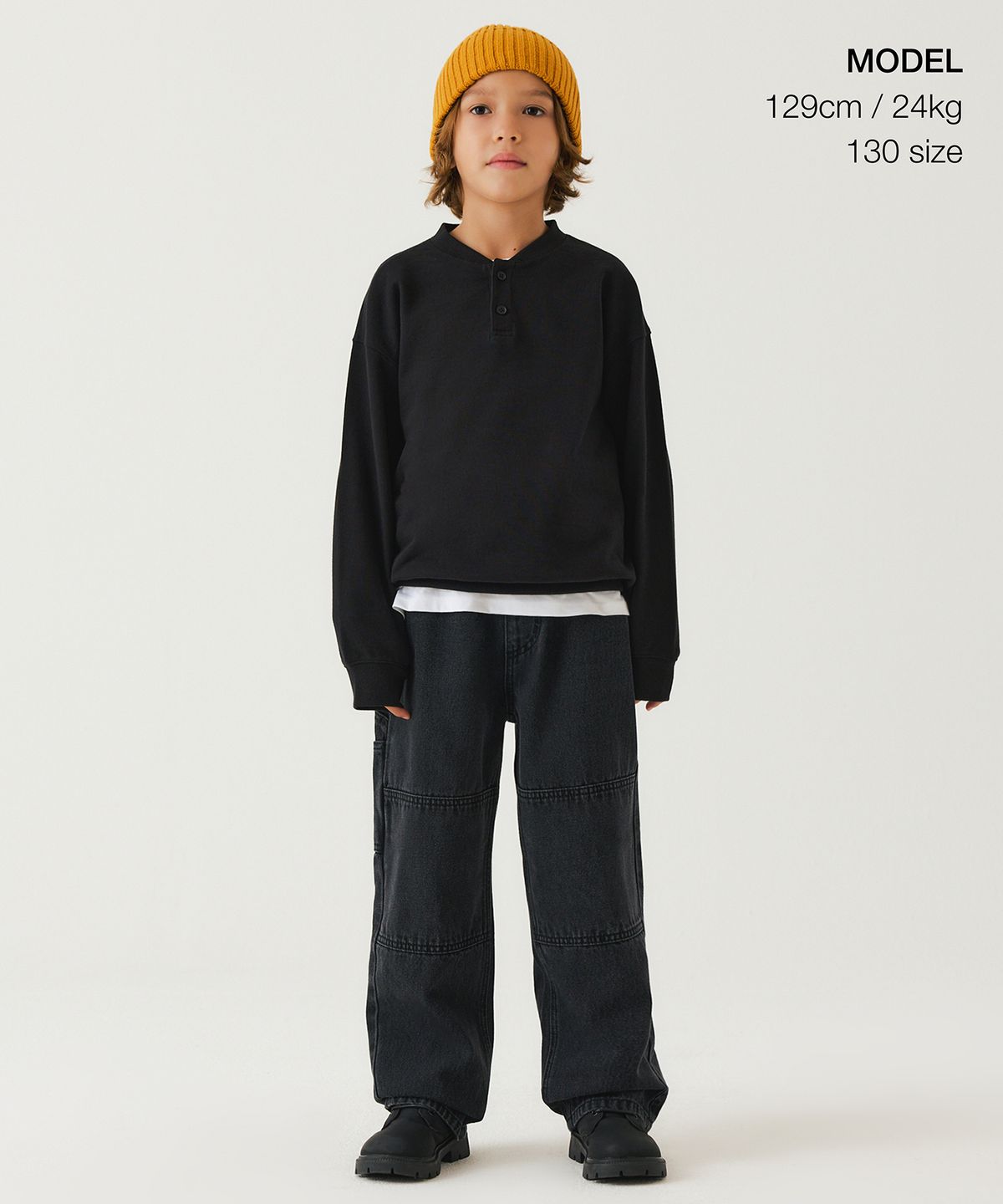무신사 스탠다드 키즈(MUSINSA STANDARD KIDS) 오버사이즈 헨리 넥 스웨트셔츠 [블랙]