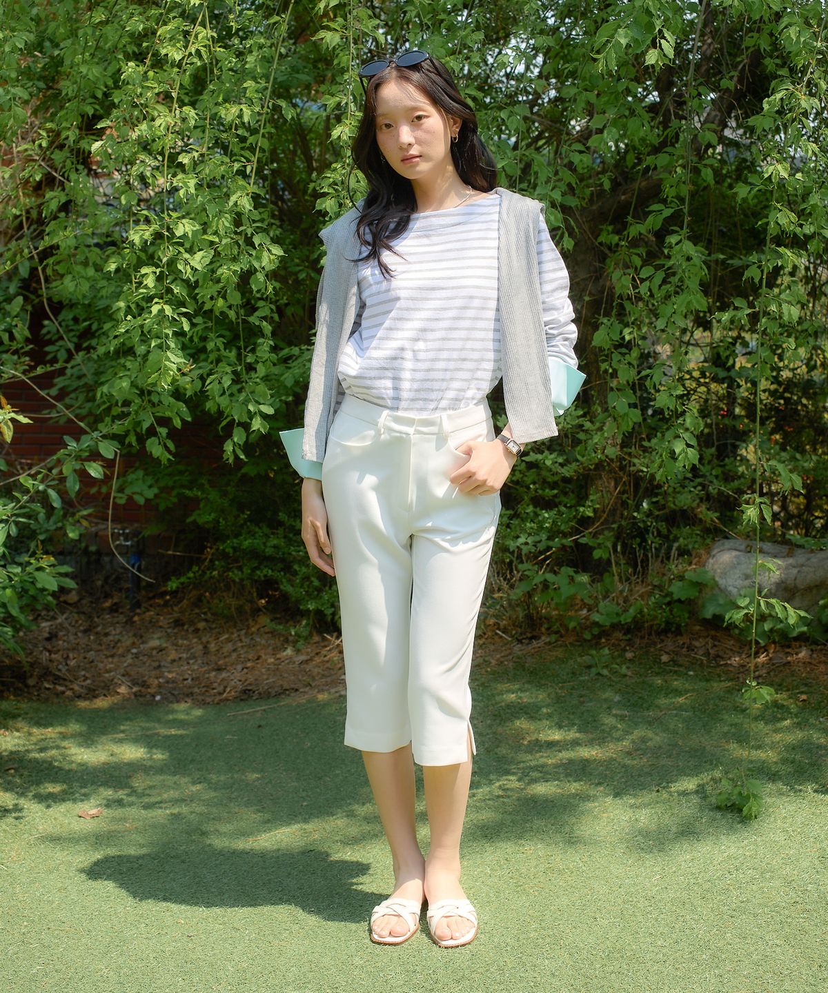 살롱 드 욘(SALON DE YOHN) Stripe Cuffs T_ Gray+Mint