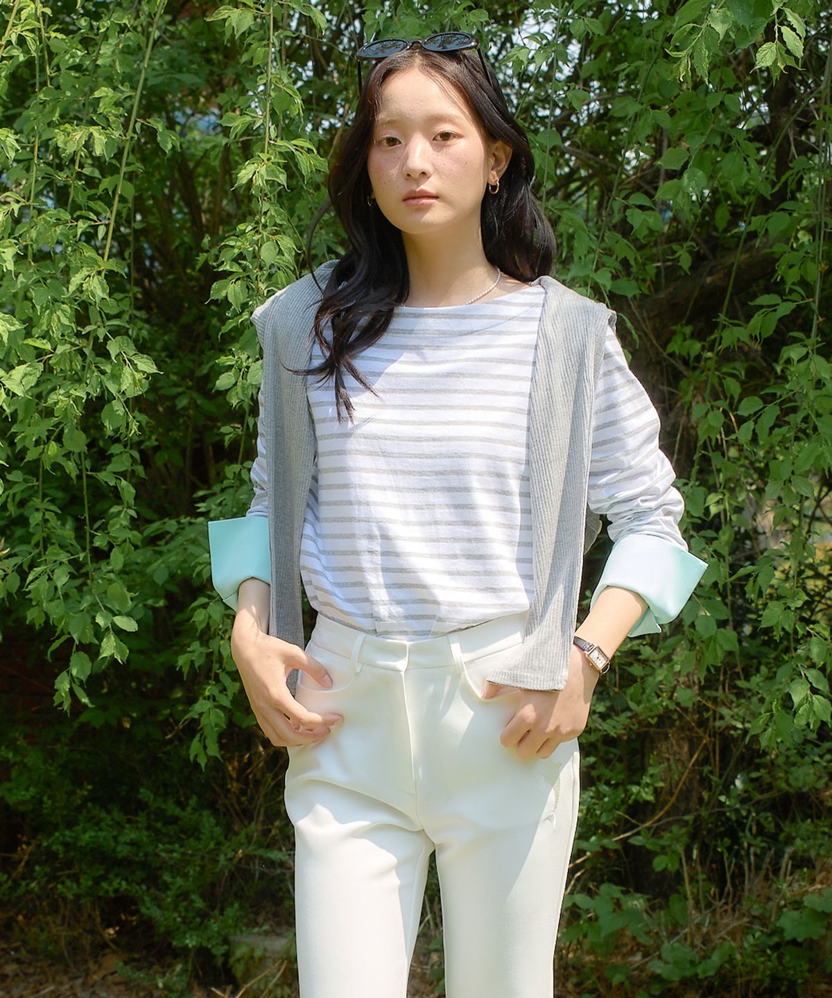 살롱 드 욘(SALON DE YOHN) Stripe Cuffs T_ Gray+Mint