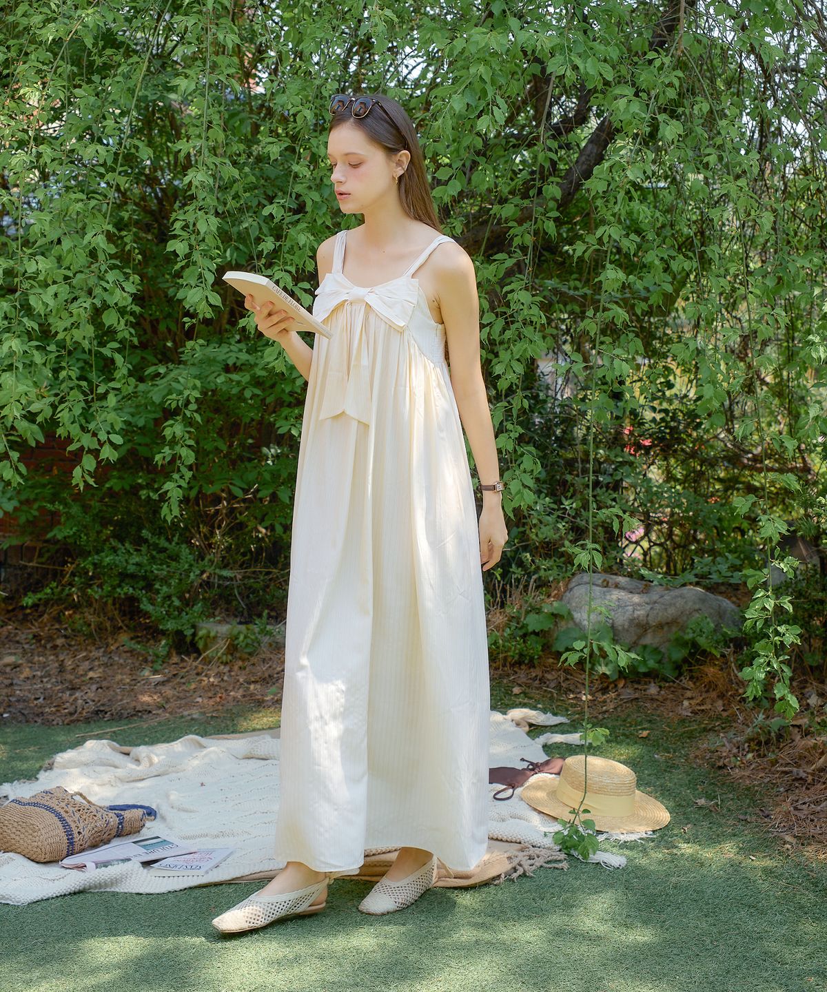 살롱 드 욘(SALON DE YOHN) Ribbon Point Sleeveless Long Dress_ Lemon