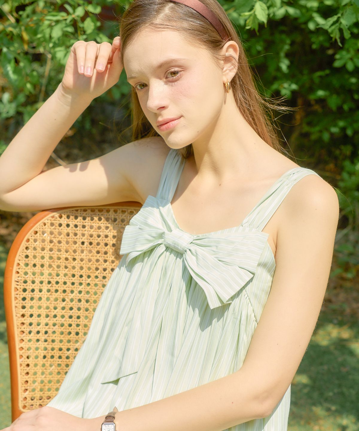 살롱 드 욘(SALON DE YOHN) Ribbon Point Sleeveless Long Dress_ Green