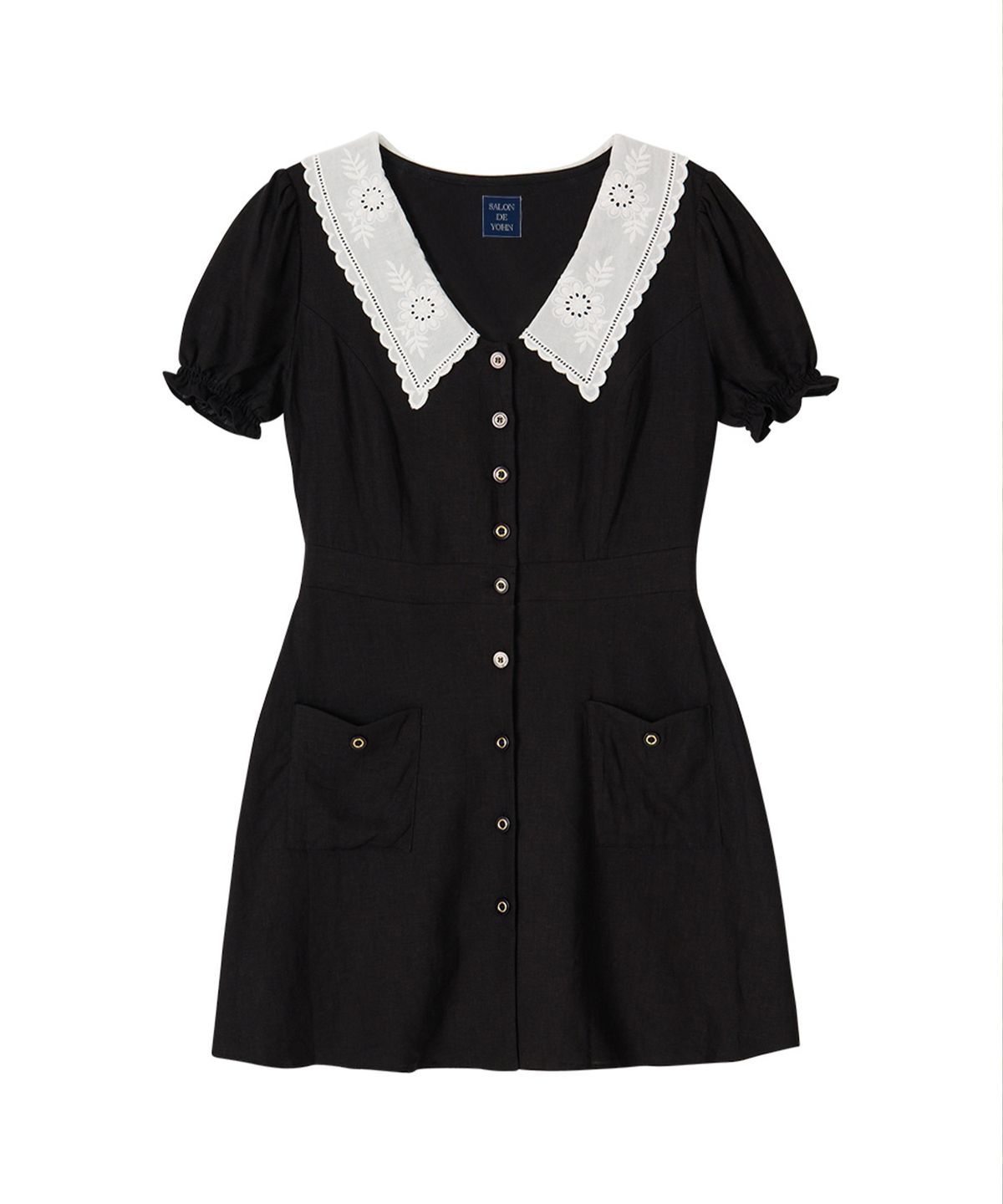 살롱 드 욘(SALON DE YOHN) Lace Collar Linen Puff Shoulder Dress_ Black