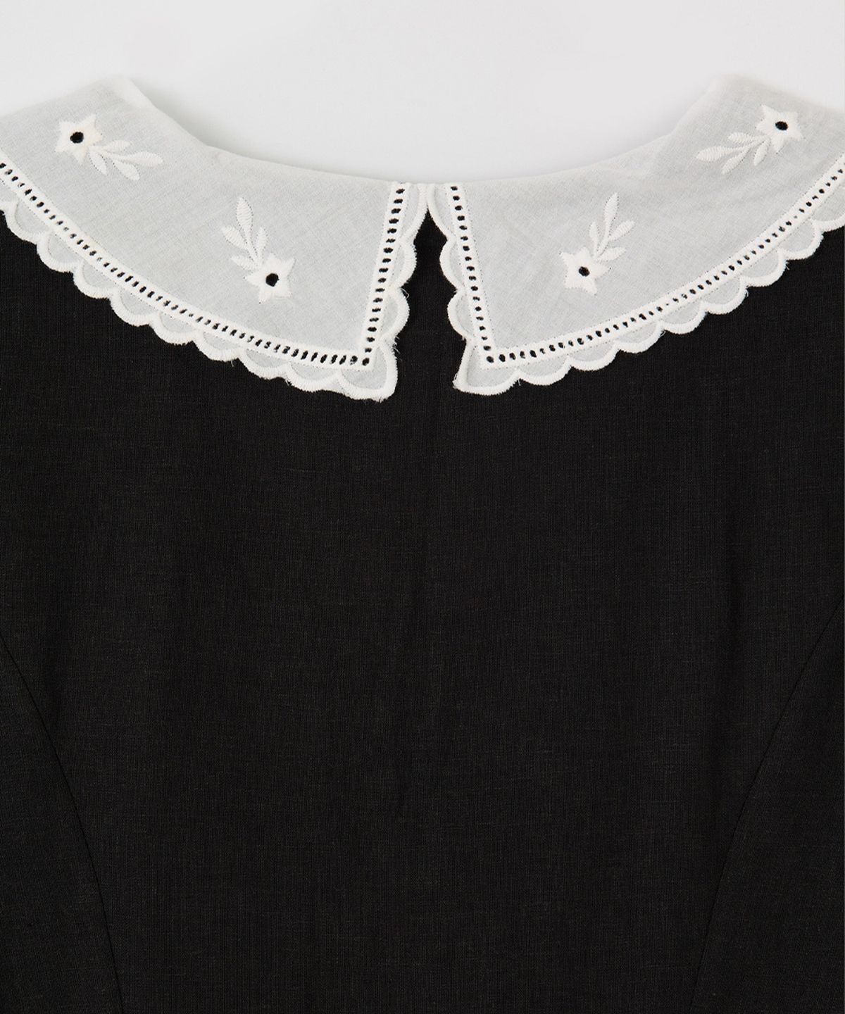 살롱 드 욘(SALON DE YOHN) Lace Collar Linen Puff Shoulder Dress_ Black