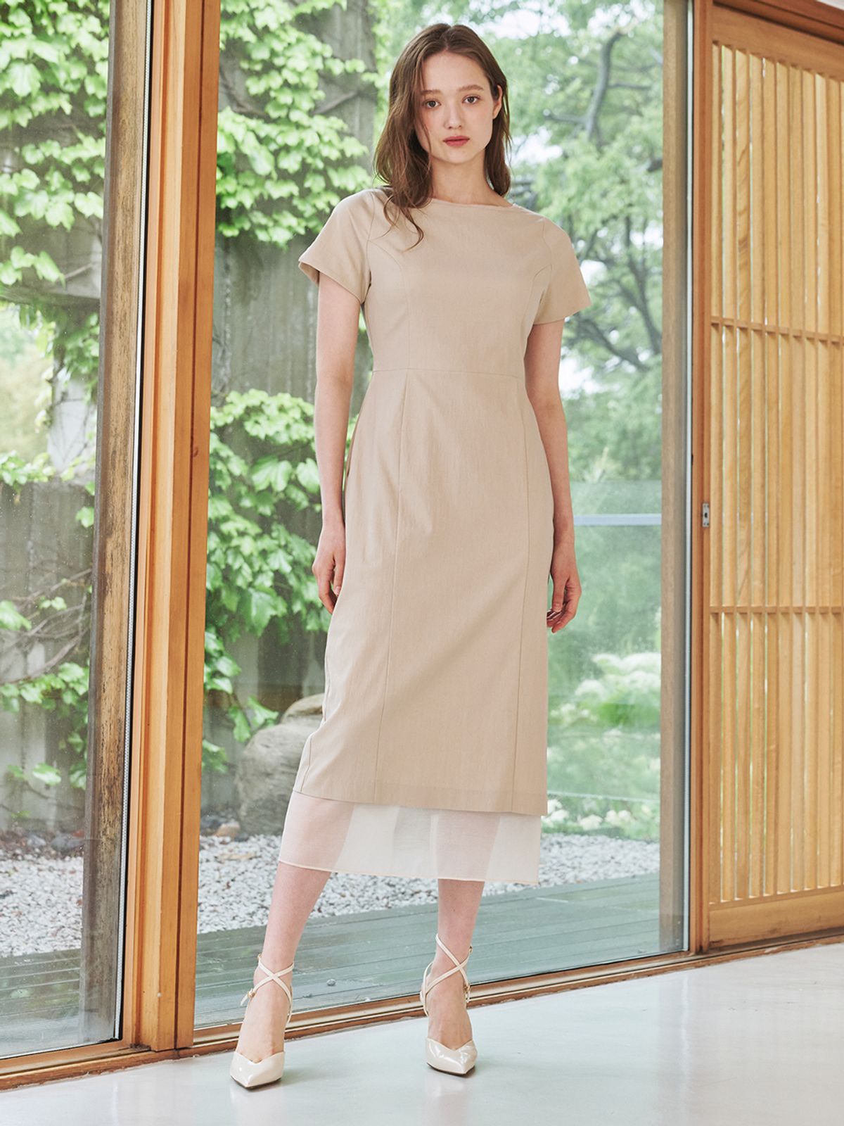 누브(NOUVE) 보트넥 쉬폰 레이어드 드레스 - 베이지 / Boat Neck Chiffon Layered Dress - Beige