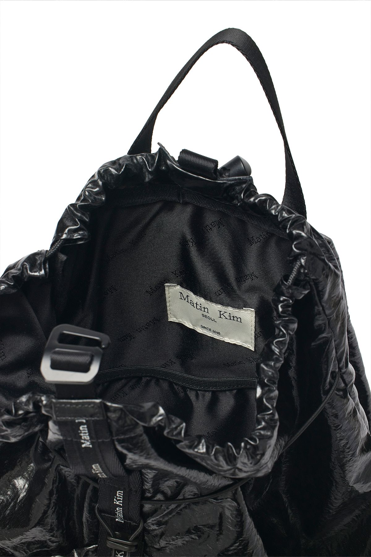 Matin Kim☆LOGO TAPING GLOSSY BACK PACK MUSINSA | MATIN KIM LOGO TAPING GLOSSY BACK PACK IN BLACK