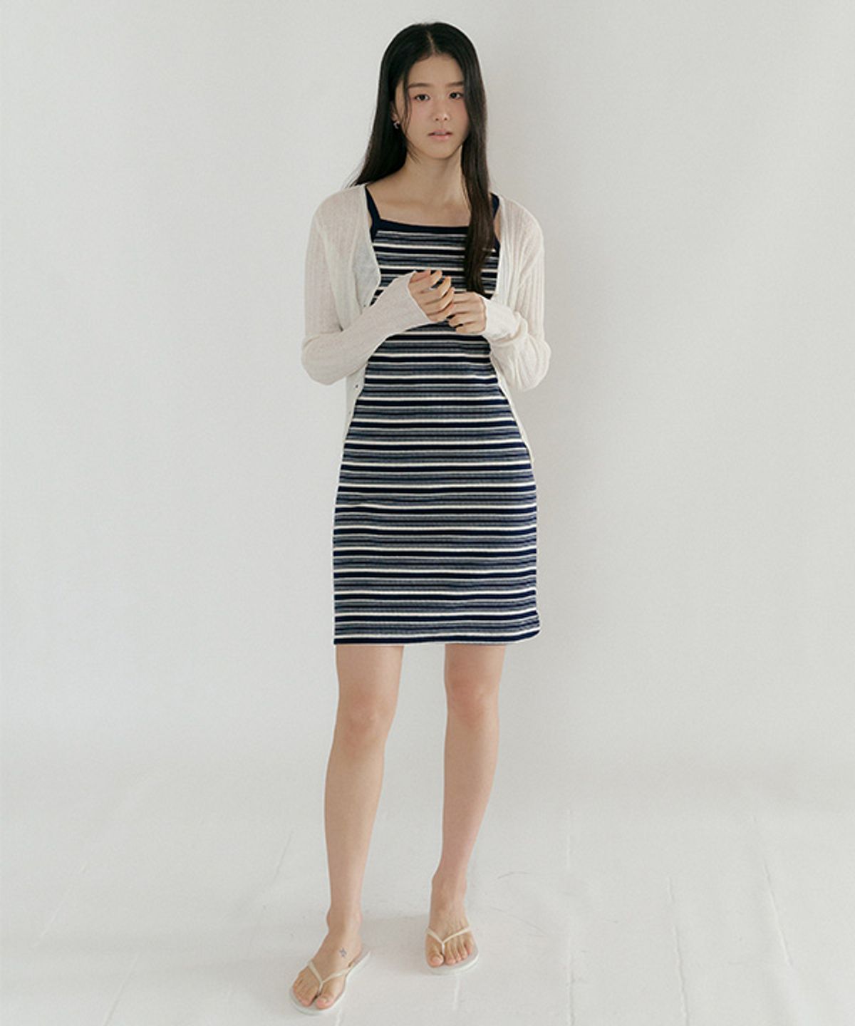 링서울(LINGSEOUL) ribbed stripe sleeveless dress-navy