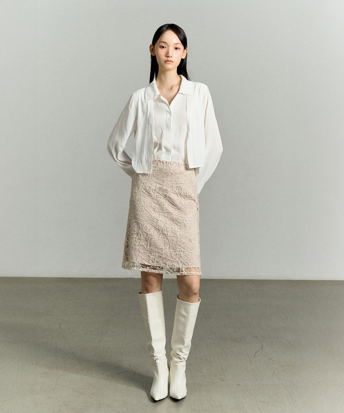리이(RE RHEE) LACE LAYERED MIDI SKIRT