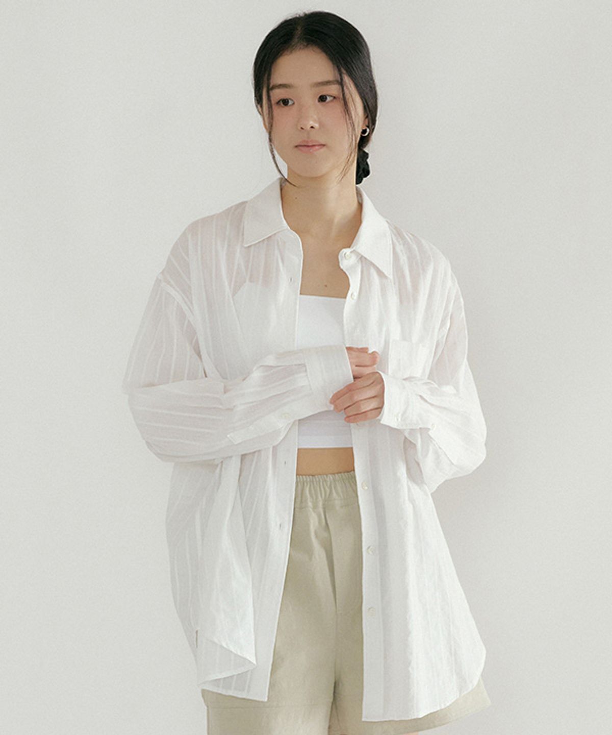 링서울(LINGSEOUL) sheer jacquard stripe shirt-ivory