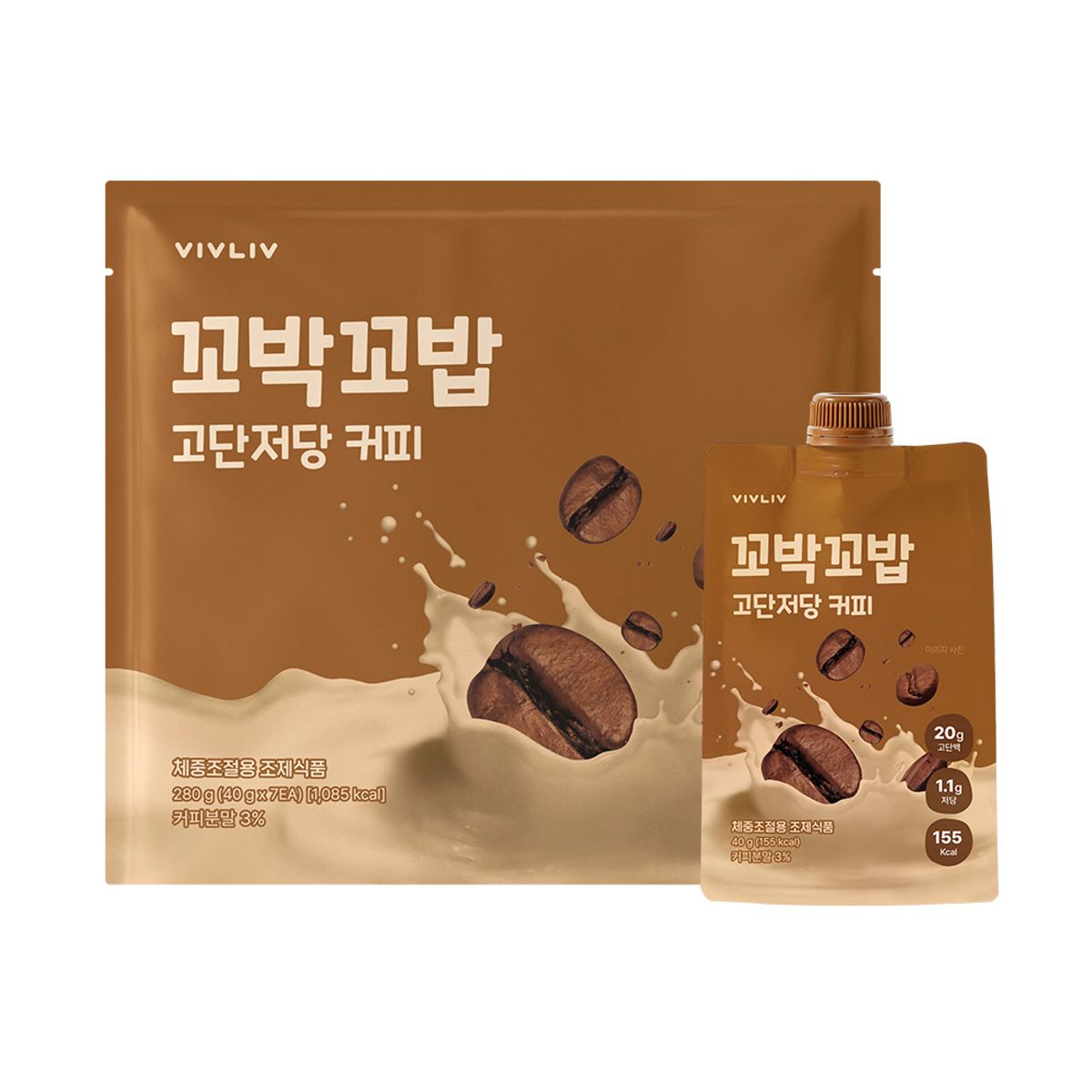 비브리브(VIVLIV) 꼬박꼬밥 고단저당 파우치 단백질 쉐이크 40g x 7포 1세트