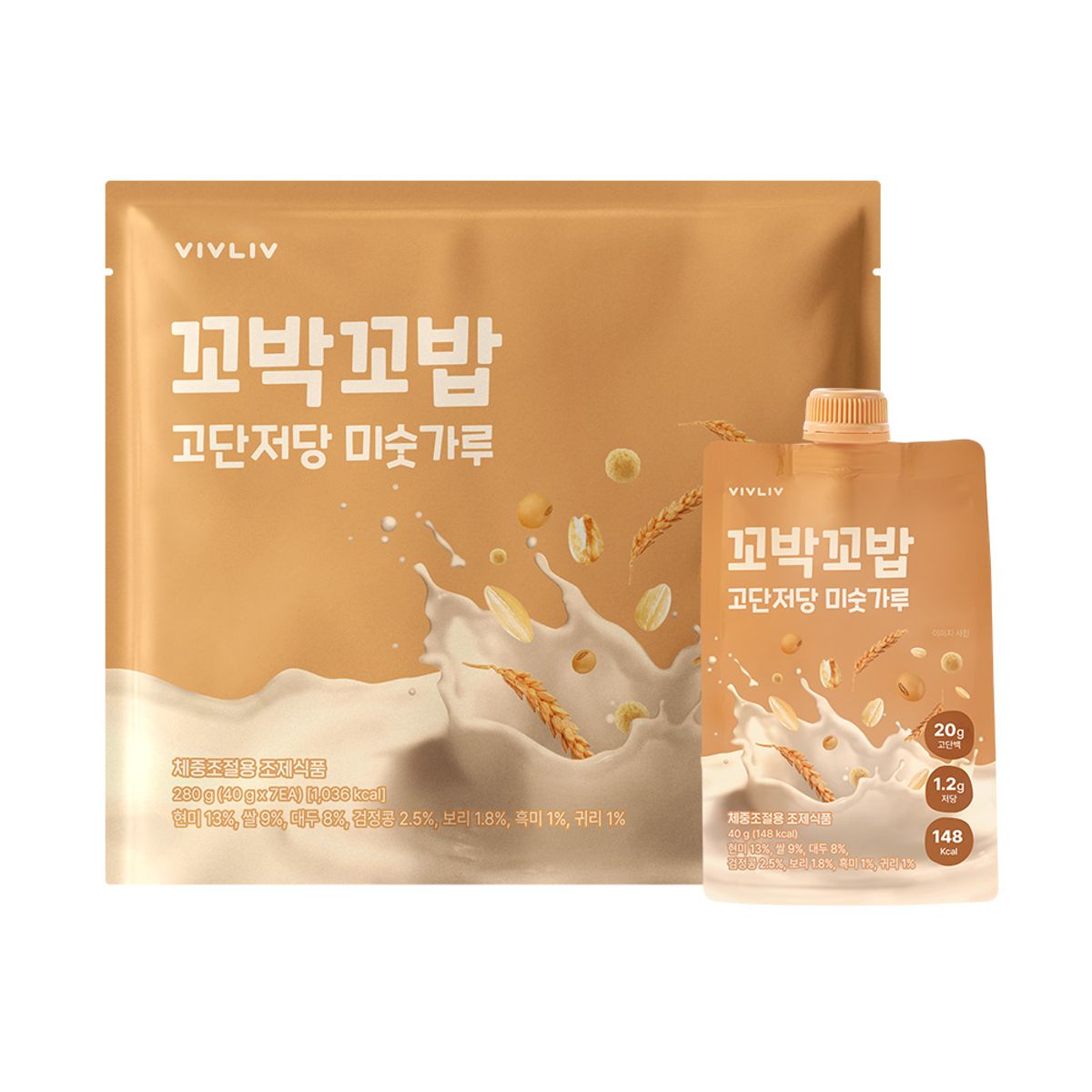 비브리브(VIVLIV) 꼬박꼬밥 고단저당 파우치 단백질 쉐이크 40g x 7포 1세트