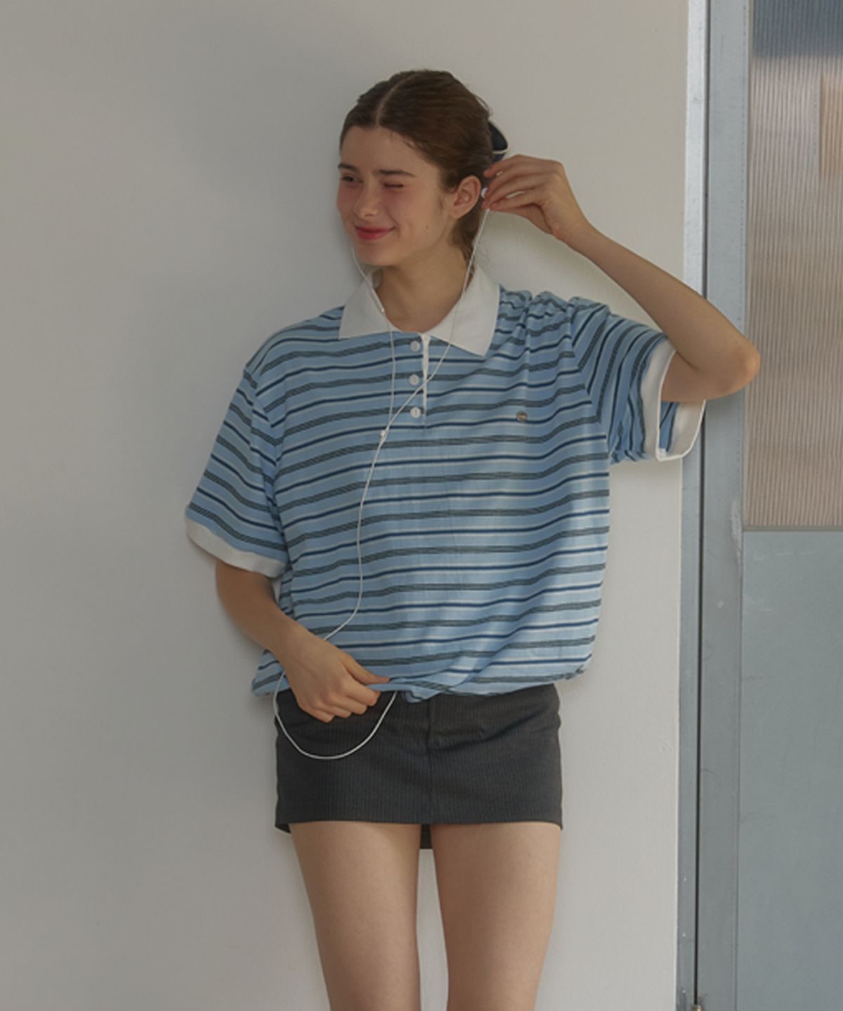 아노에틱(ANOETIC) STRIPE STRING RUGBY HALF T-SHIRT_SKY BLUE