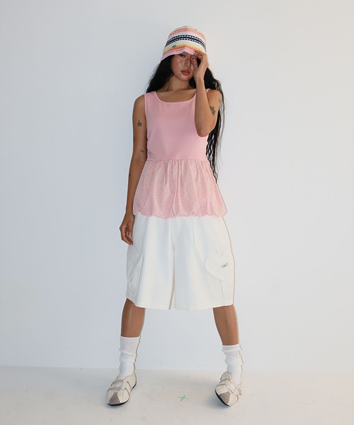 론론(RONRON) MULTI STRIPE KNIT BUCKET HAT ORANGE PINK