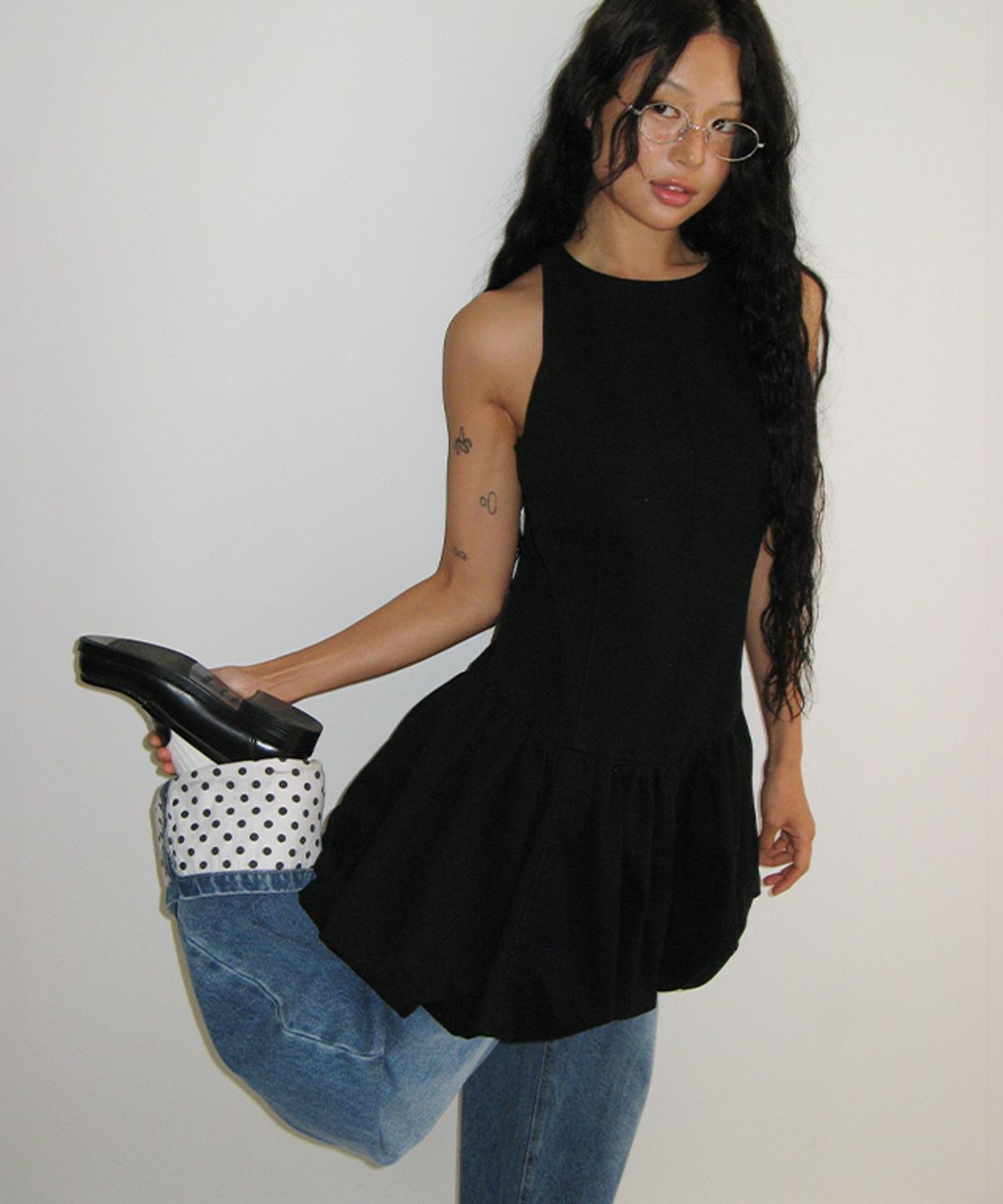 론론(RONRON) PATCH ROLL UP DENIM PANTS WHITE DOT