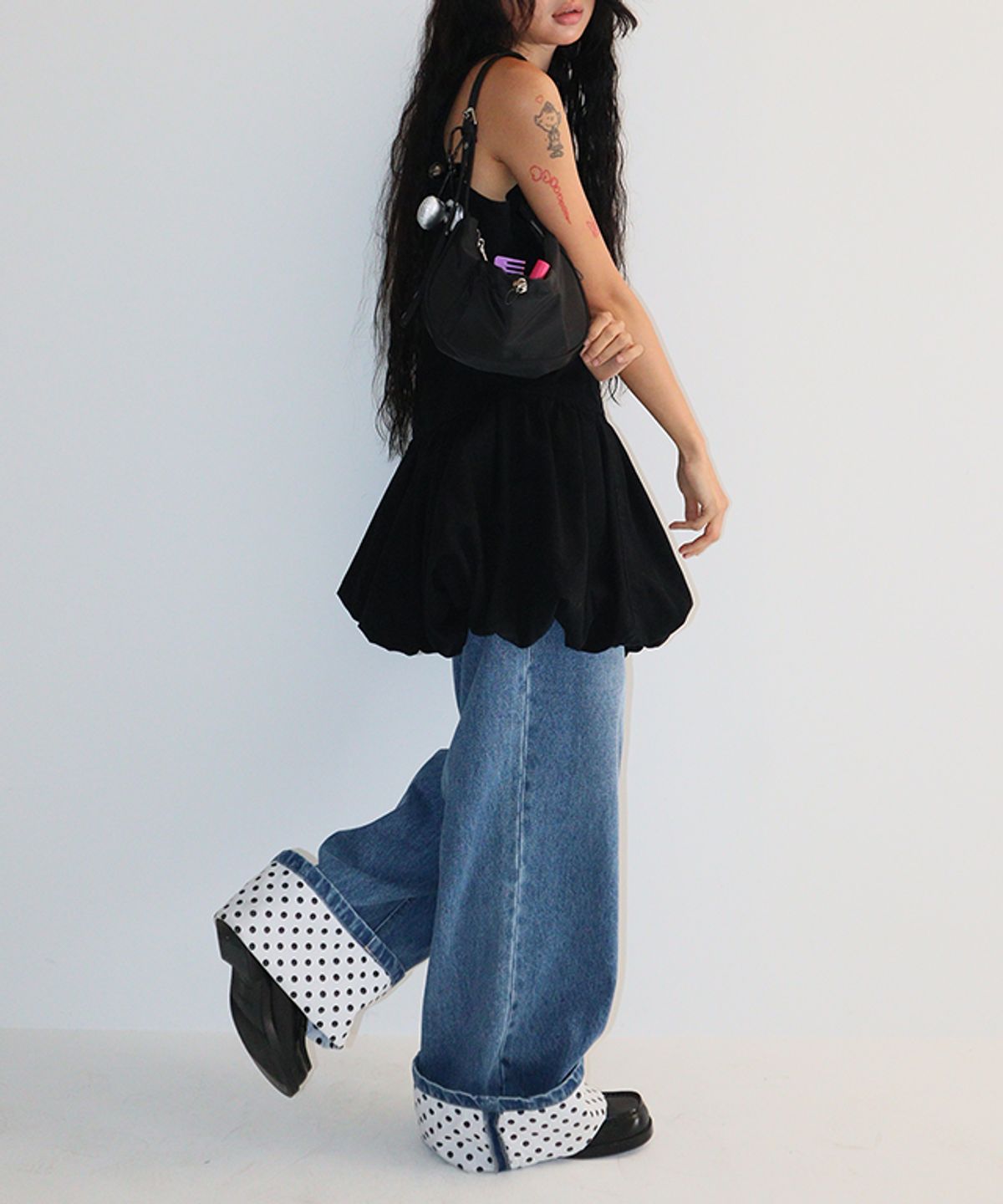 론론(RONRON) PATCH ROLL UP DENIM PANTS WHITE DOT