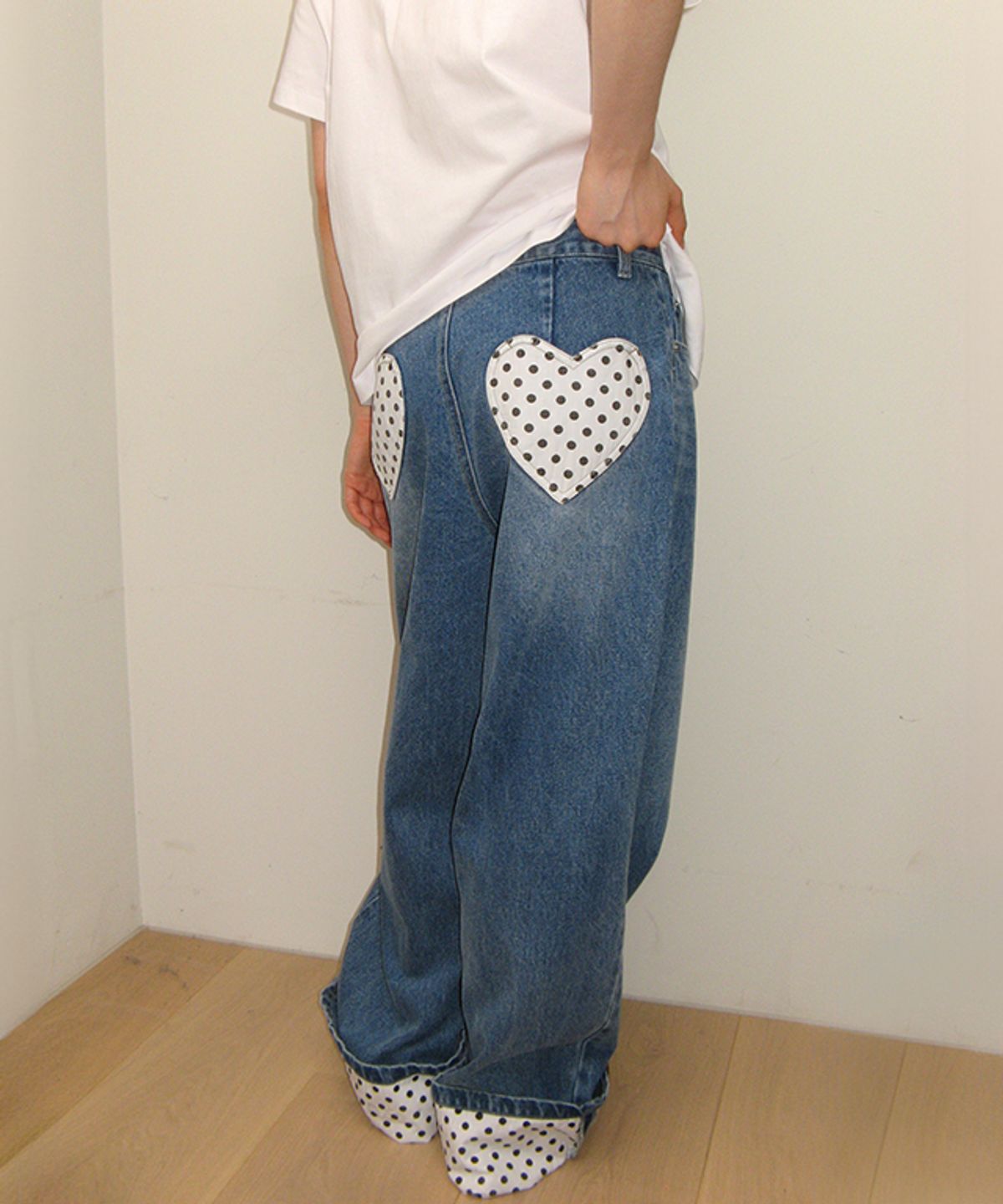 론론(RONRON) PATCH ROLL UP DENIM PANTS WHITE DOT