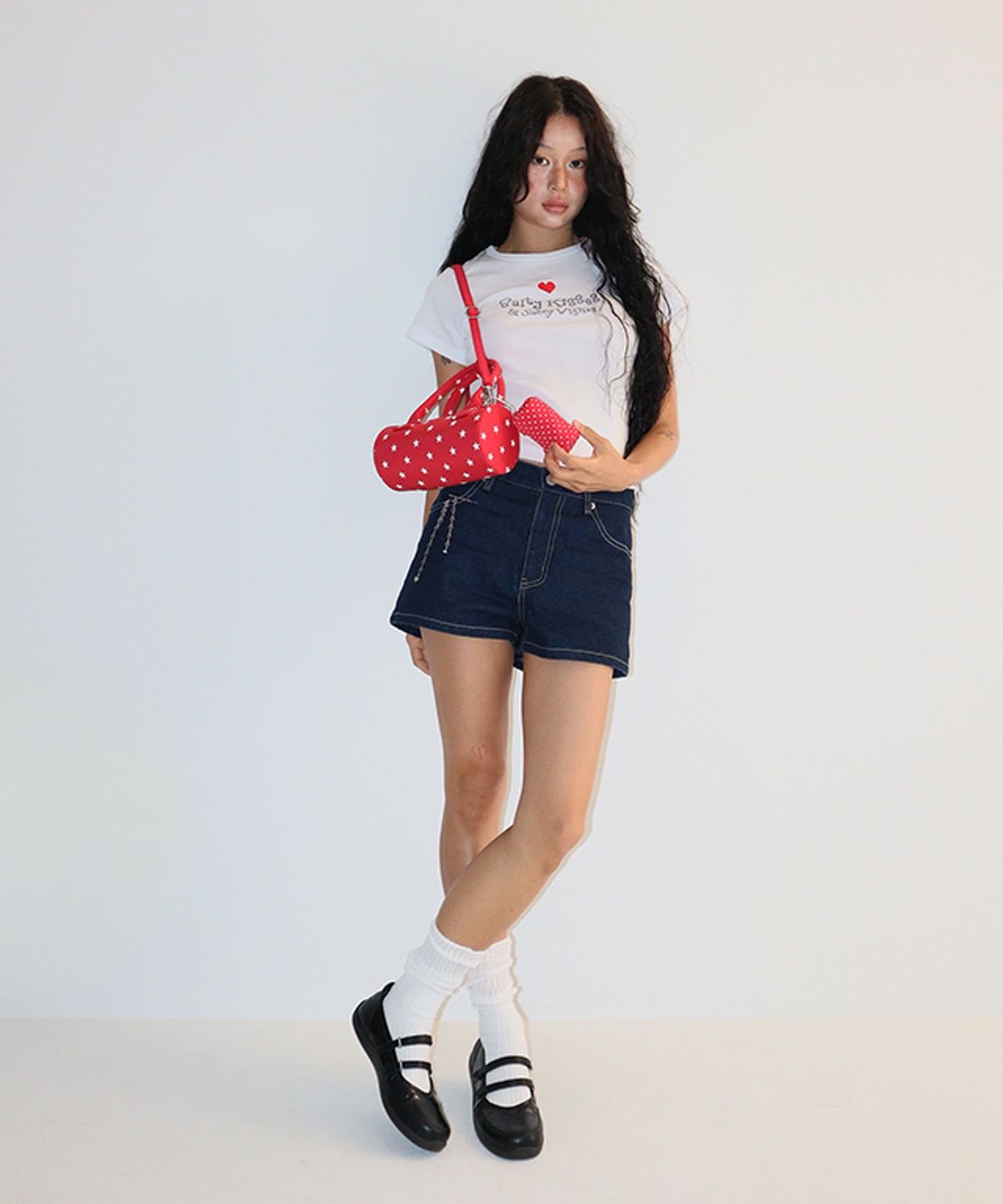 론론(RONRON) HEART POCKET MINI SHORT DENIM PANTS INDIGO BLUE