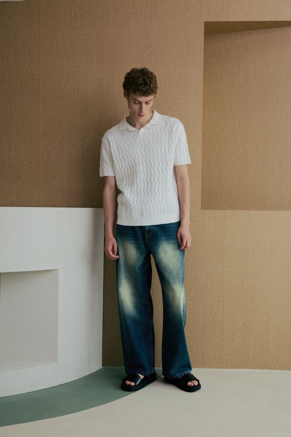 MUSINSA | NODU Six Cable Collar Short Sleeve Knit [Ivory]